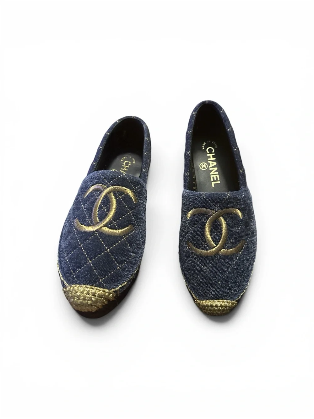 CHANEL Blue Denim Espadrilles with Gold CC Embroidery